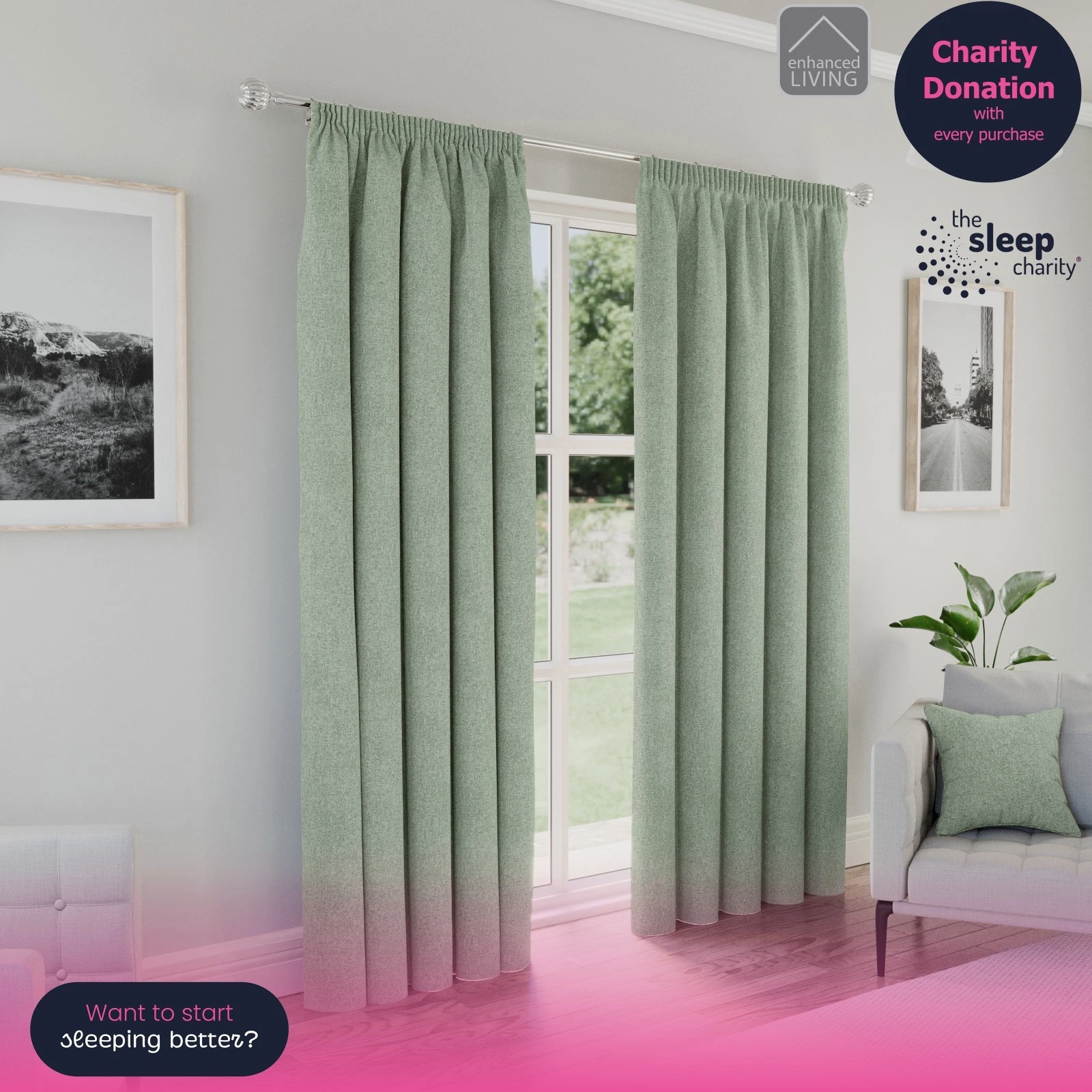 Green 100% Blackout 66x72" Curtains Linen Look Pencil Pleat - For Living Rooms