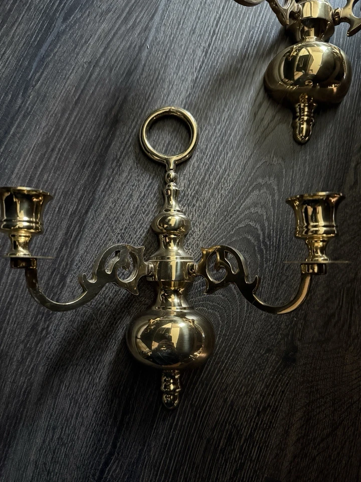 Antiguo par de apliques de vela dobles de latón pulido macizo vintage victoriano Foto 2 de 3