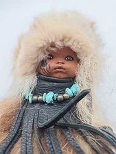 Native American Handmade Folk Art Wood Fur Leather Turquoise Feather Ho Chunk