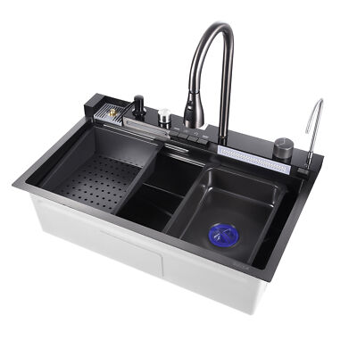 30in Waterfall Kitchen Sink W/Pull Out Faucet 5 Cleaning Mode Stainles Steel