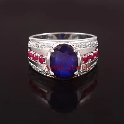 Blauer Saphir-Edelstein Ring Aus 925 Sterling Silber Für Herren #1303 - Bild 1 von 4