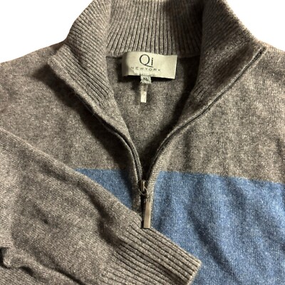 Qi Cashmere Mens Half Zip Sweater XL, Gray With Blue Stripe