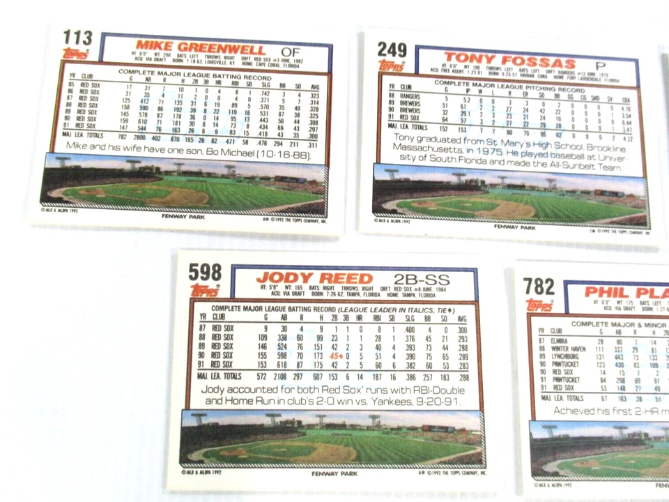 Tarjetas de béisbol de los Medias Rojas x5 #113#249#488#598#782 Major League 1992 Topps Company Foto 3 de 4