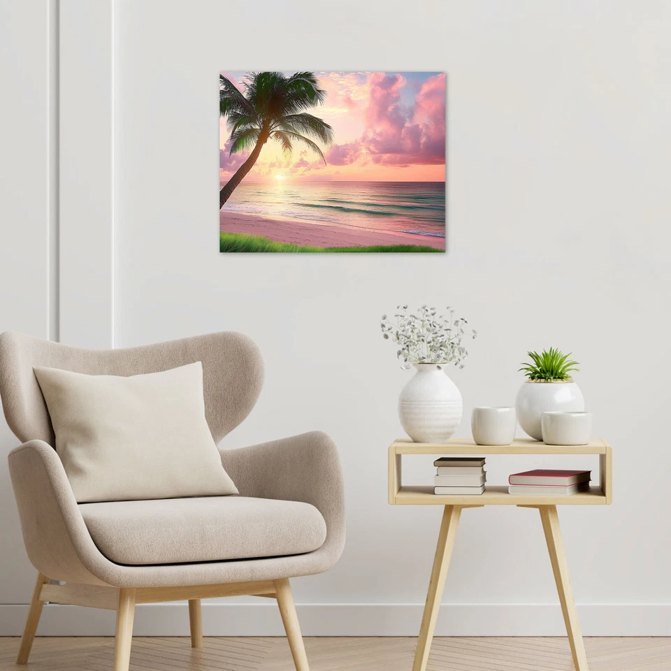 Tropical Nature Pink Sunset Ocean Beach Canvas Wall Art for Bathroom Living Room - Image 3 of 4