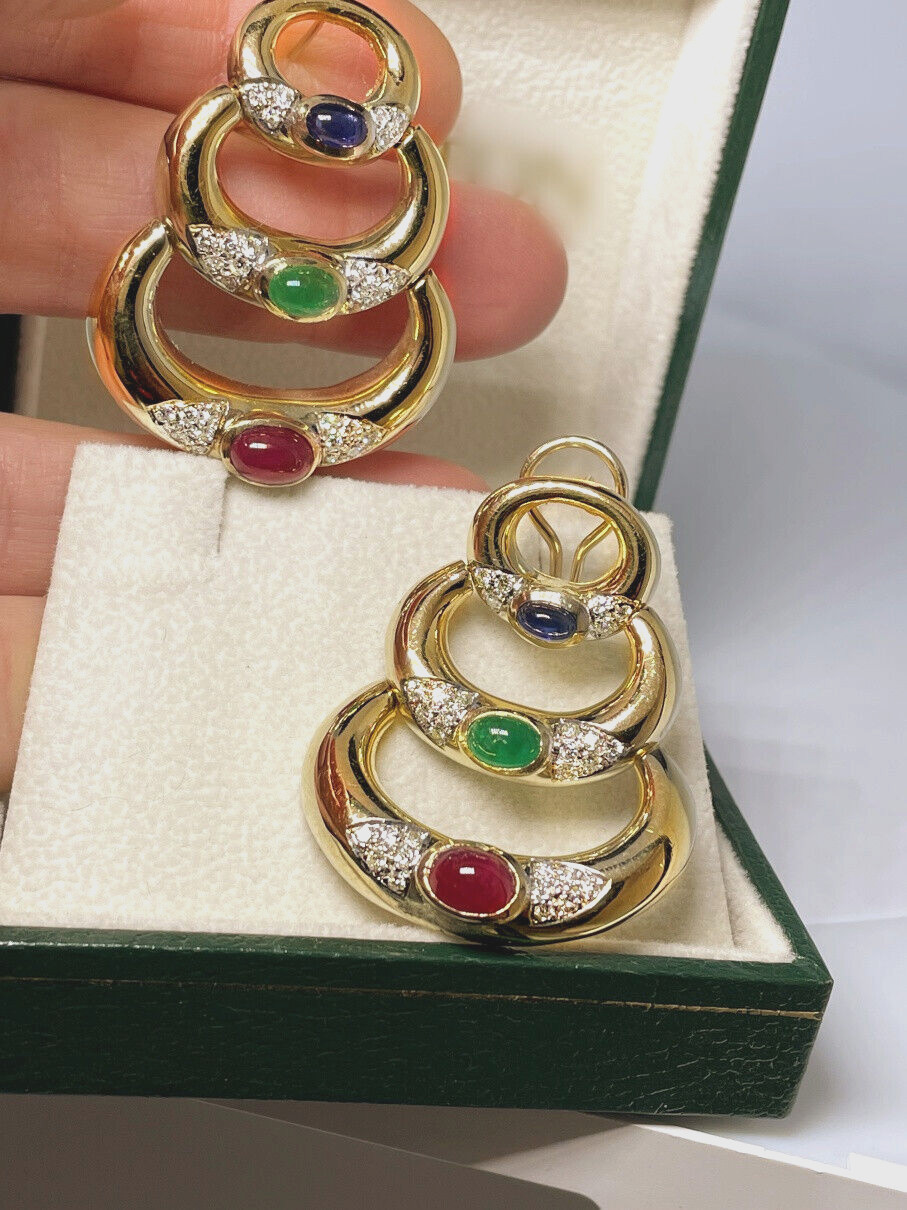 Large Solid 14K Diamond Emerald Ruby Sapphire Ear… - image 3