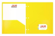 JAM Paper Heavy Duty Plastic 3 Hole Punch Two-Pocket School Folders Yellow 6 PAK