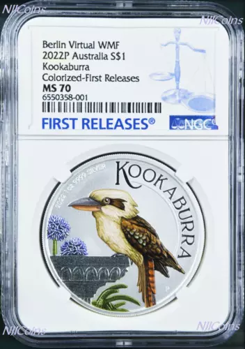 2022 Berlin Show Virtual WMF Australia Kookaburra Silver NGC MS70 1oz $1 Coin FR