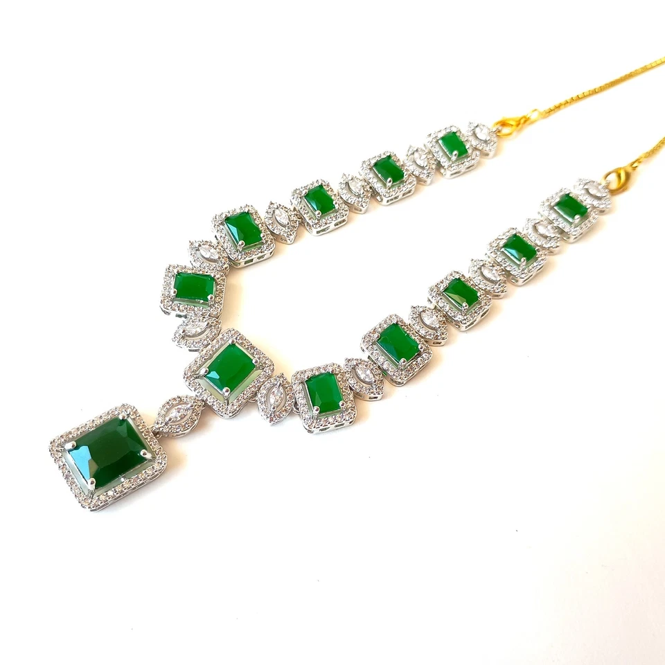 Premium Emerald Necklace jewelry, White plated Necklace, South Indian Necklace - Image 4 of 4