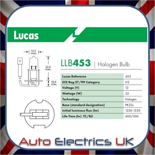 2 X H3 HEADLIGHT BULB SPOT FOGLIGHT HALOGEN PK22s 12V 55W LUCAS LLB453 - Picture 3 of 5