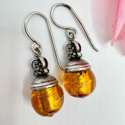 Vintage Foil Art Glass Bead 925 Stamped Filigree Dangle Earrings Maker Signed
