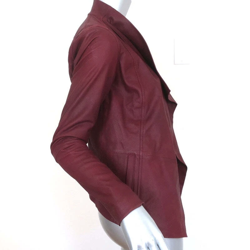 Chaqueta de Cuero Vince Cuello Drapeado Borgoña Talla Extra Pequeña Foto 4 de 4