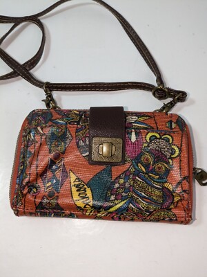 Sakroots Crossbody Wallet Purse Boho Vinyl Coated Orange Birds Peace Zip Around