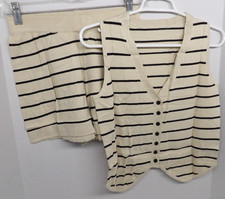 2pc Sweater Knit Outfit Beige Striped Button Up Shorts Set Women's Size S NWT