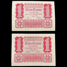 2x 1922 Austria 1 Kronen Krone Antique Banknote WWI WW1 Money Cash Currency