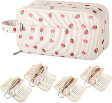 Cute Corduroy Pencil Case Pouch with Convenient Beige Strawberry Bow