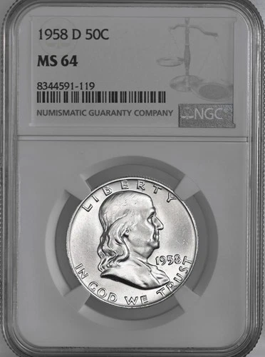 1958-D  50C FRANKLIN SILVER HALF DOLLAR  "DENVER"  NGC MS64  #8344591-119
