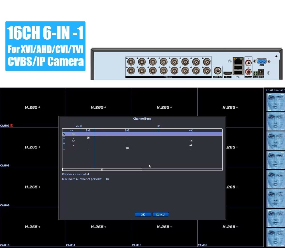 16CH 5IN1 4K/8MP DVR H.265+ Digital Video Recorder for CCTV