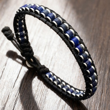 Natural Lapis Lazuli Crystal Hematite Ladder Beaded Leather Protection Bracelet