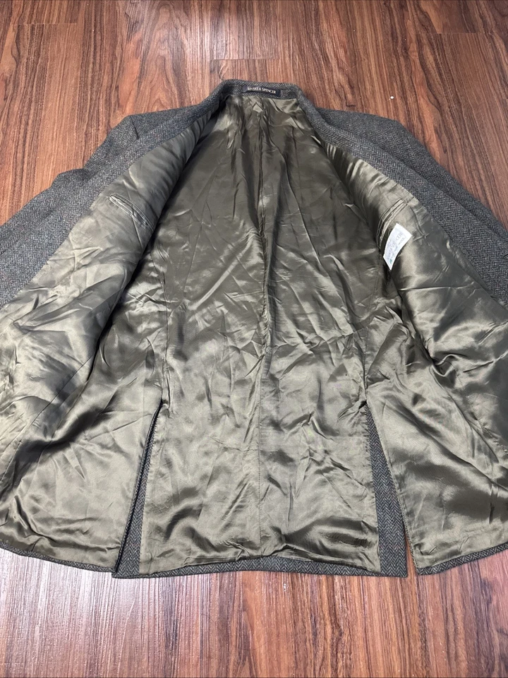 Marks & Spencer мужской 44L зеленый елочка чисто новый шерсти 2 кнопки твидовый блейзер - Изображение 4 из 4