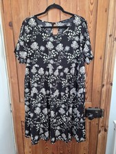 NEW LOOK Black Floral Smock Dress Short Cold Shoulder Sleeve Flower Party UK 14