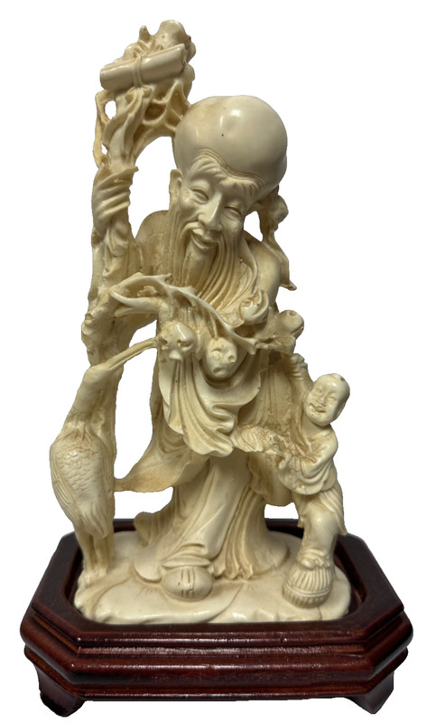 Vintage Shou Lao God of Longevity Chinese Resin Figurine Sculpture w/ Stand