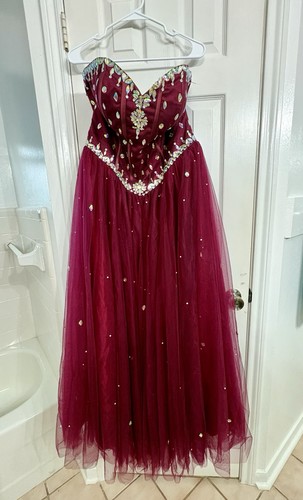 Burgundy Strapless Formal Evening Gown Dress with Embellishments, Floor-Length