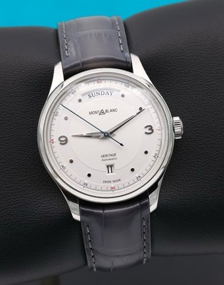 Mont Blanc Day Date Heritage 119947 With Box, White Dial And Blue Leather Strap