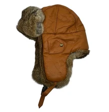 Mad Bomber Brown Leather & Rabbit Fur Trapper Hat With Ear Flaps Medium M