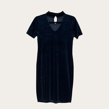 VTG Navy Blue Velvet Mini Dress Womens Keyhole Mock Neck Stretch Velour Large