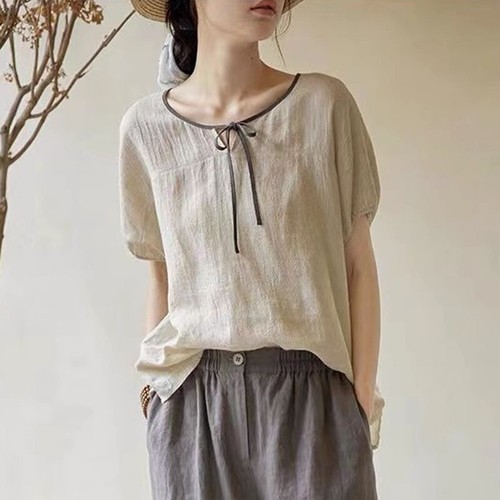 Ladies Casual Short Sleeve T-shirt Cotton Blend Top Blouse Retro Summer T-shirt - Picture 1 of 5