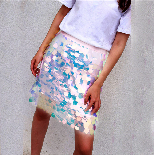 Pastel Color Round Sequin Skirt Fish Scale Mermaid Iridescent Festival  Outfit