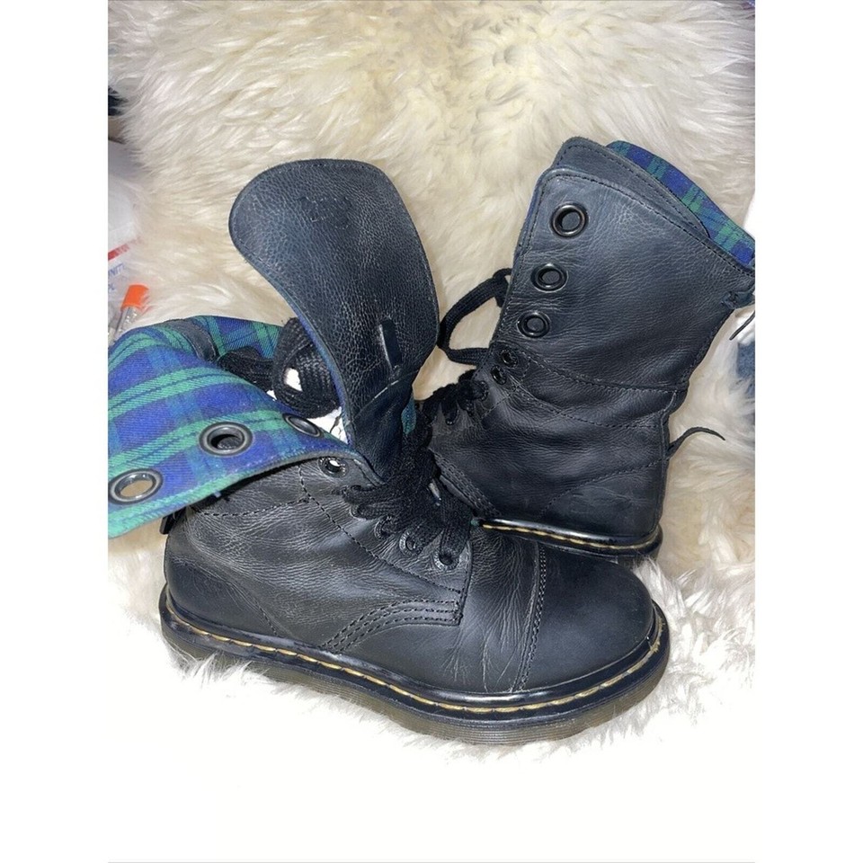 Dr Martens Fold Down Black Leather Boot With Plaid Lining Womens' Shoe