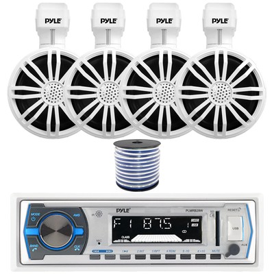 Pyle Marine Bluetooth MP3 Receiver, 4x 3.5'' 20W Off-Road White Speakers w/Wire