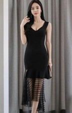 Women's Lady New Sleeveless Slim Fit Splicing Ruffles Mesh Irregular Long Dress