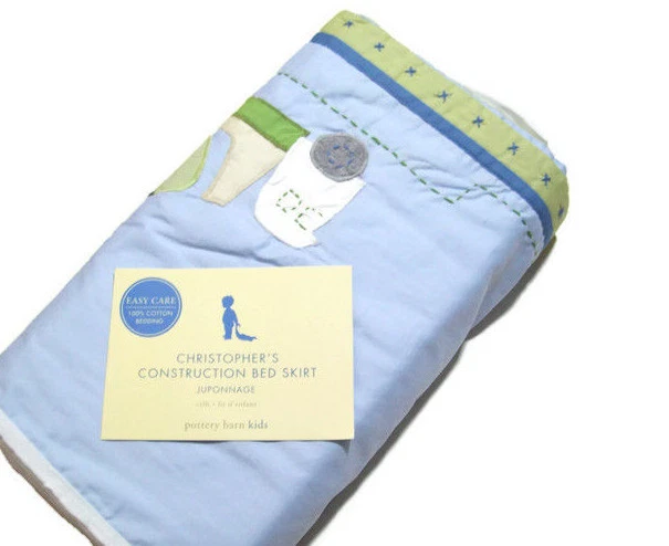 Pottery Barn Niños Azul Christopher's Construcción Camiones Bebé Cuna Cama Falda Nueva Foto 2 de 4