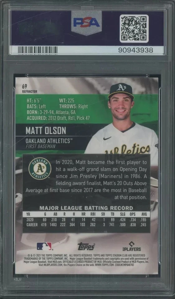 2021 Stadium Club Chrome Refractor #69 Matt Olson Oakland A's PSA 9 MINT - Image 2 of 2
