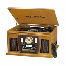 Oak Finish Entertainment Center AM/FM Radio CD Record Player Turntable Bluetooth