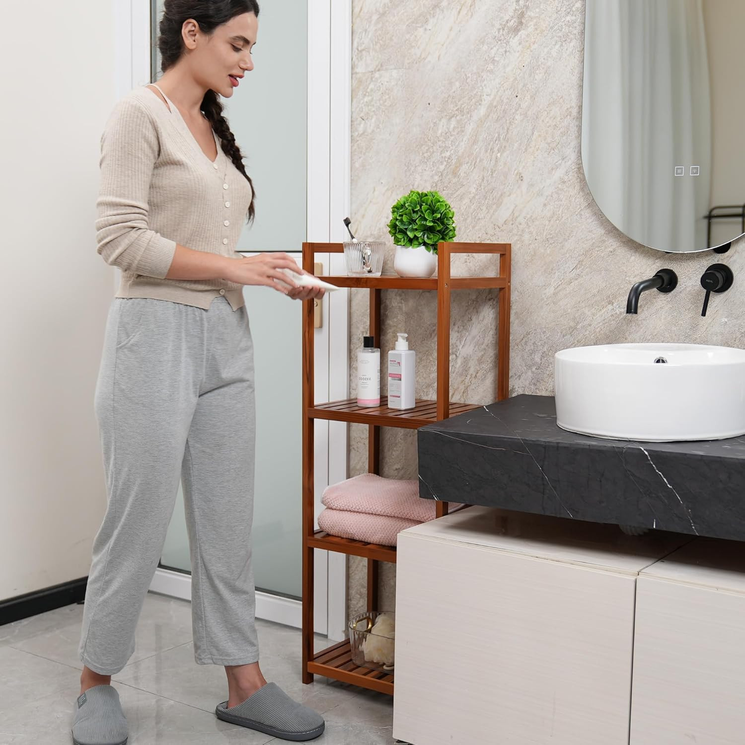 Teak Wood Bathroom Shelf Organizer Stand, Standing Shelves Shower Caddy Units, F