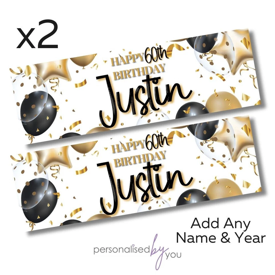 MADVINYL 2 x Personalised HAPPY BIRTHDAY Banners LARGE Party Posters BLACK & GOLD 900x300