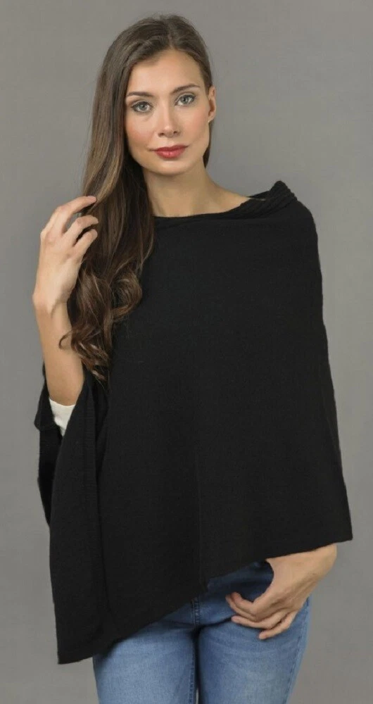 CASHMERE Poncho BLACK CAPE handmade Wrap One Size Fits All, FREE UK Shipping,