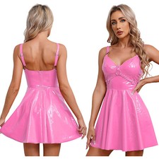 Women's Leather A-Line Dress O-Ring Rivets Strappy Skater Dress Clubwear