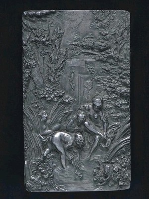 Antique Pewter Raised Relief Plaque Women Bathers on Riverbank Framed