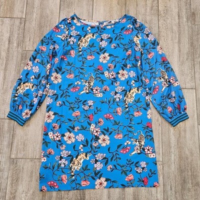 LOFT Dress Size M Blue Tiger Garden Floral Long Sleeve Shift New Maximalist Art