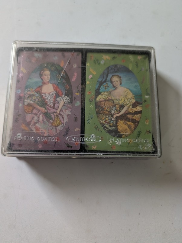 VINTAGE WHITMAN PLAYING CARD SET WITH HOLDER UNOPENED PLASTIC COATED VICTORIAN