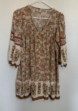 Apricot Floral Boho Tasseled V Neck Loose Flowing Mini Dress Size M 