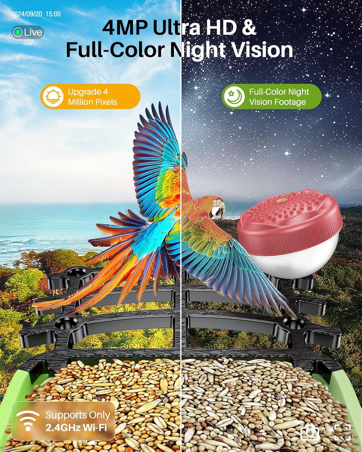 Bird Feeder with Camera, 2K HD AI Identify Smart Bird House Camera with Solar Po