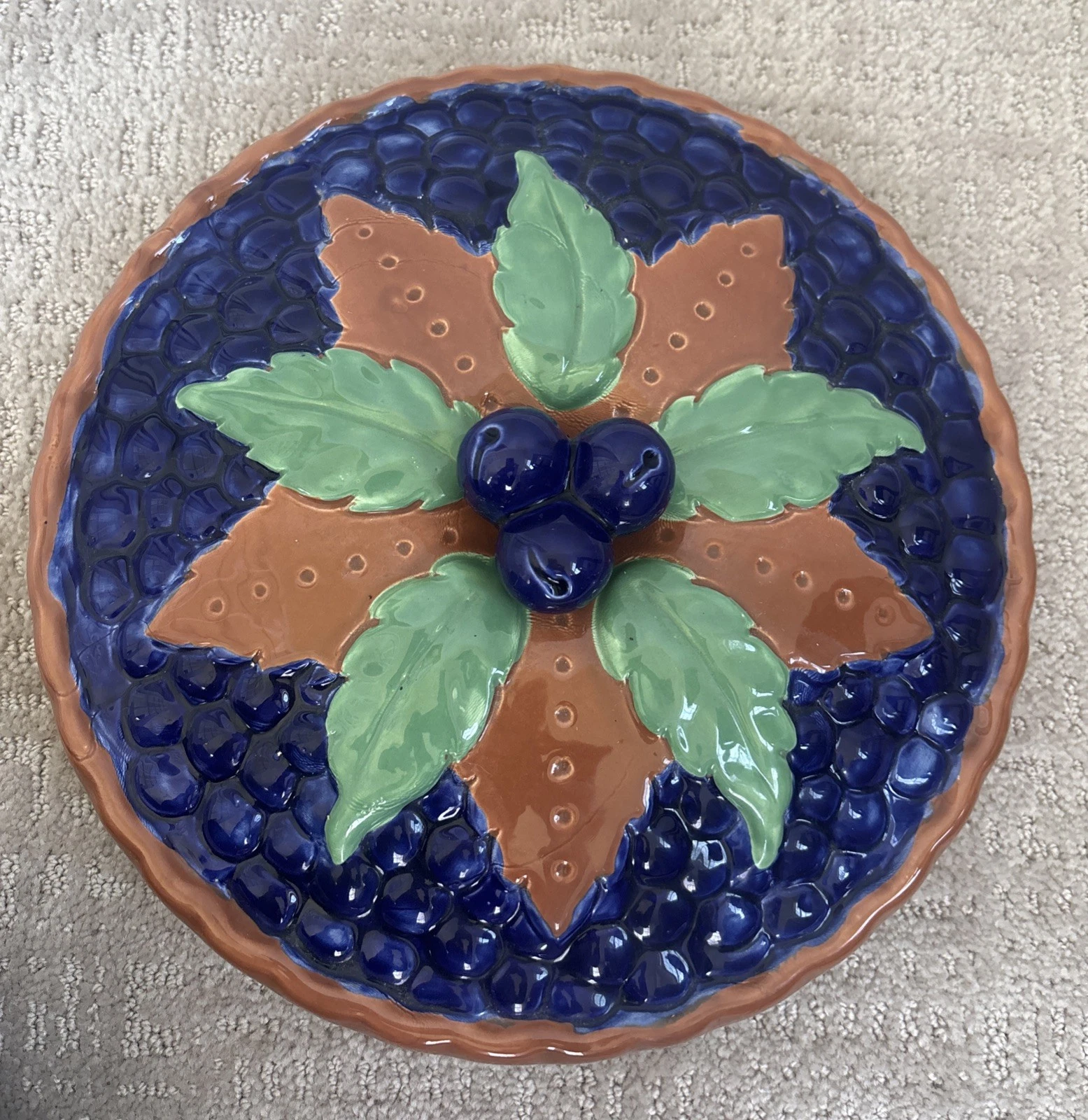 Vintage Ceramic Blueberry Pie Plate With Cover 11” Blueberry Motif EUC