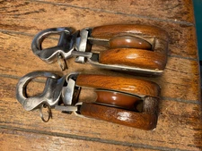 Vintage Refurbished Pair Teak Wood 7" Snatch Blocks 2" Sheave, 1/2" Line
