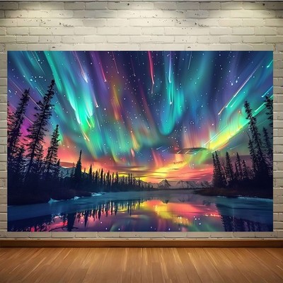 2D Flat, 2D Flat Banner, 1pc Northern Lights Wall Tapestry - Green, Purple, Oran