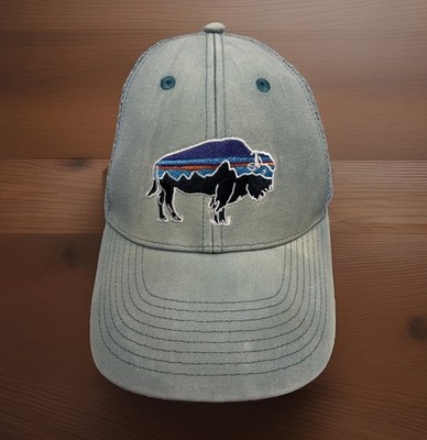 Patagonia Snapback Mesh Trucker Hat Cap Fitz Roy Bison Buffalo Blue Teal Faded